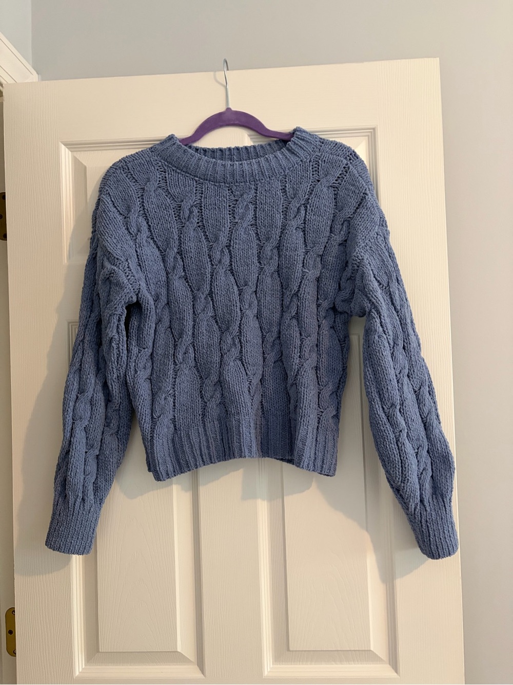 Pink Rose Dusty Blue Cable-Knit Crew Sweater